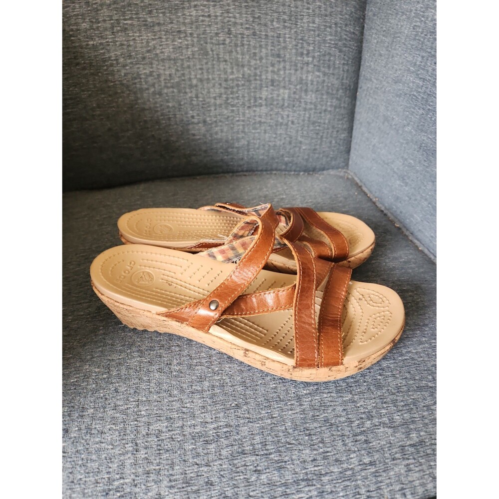 Crocs "A-Leigh" Brown Leather Wedge Sandals Women's 7
